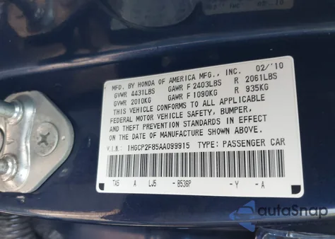 2010 Honda Accord 2.4 Ex-L z USA, uszkodzony, nr VIN 1HGCP2F85AA099915